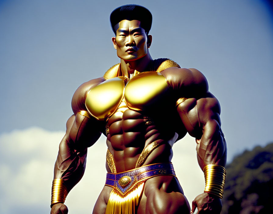 Muscular figure in golden costume against blue sky