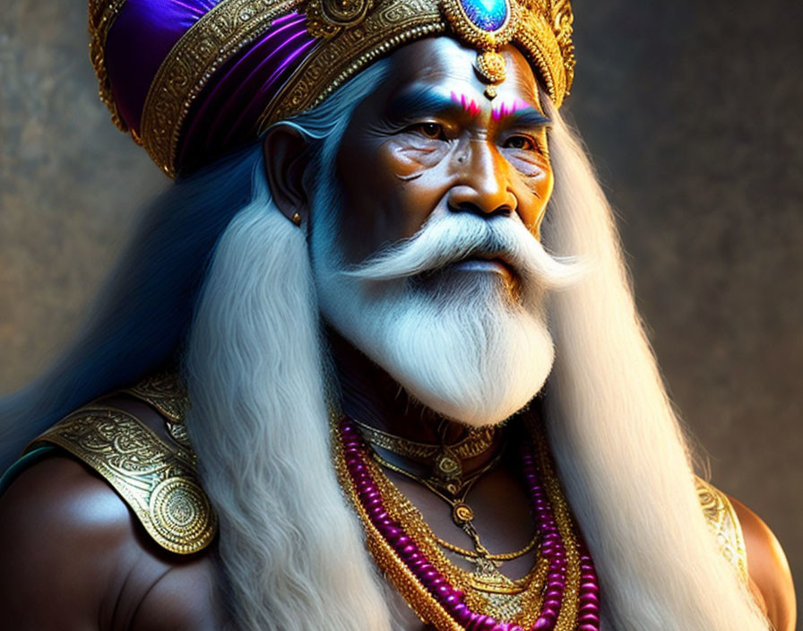 Elder man in golden crown and armor with white beard in rich purple and gold hues