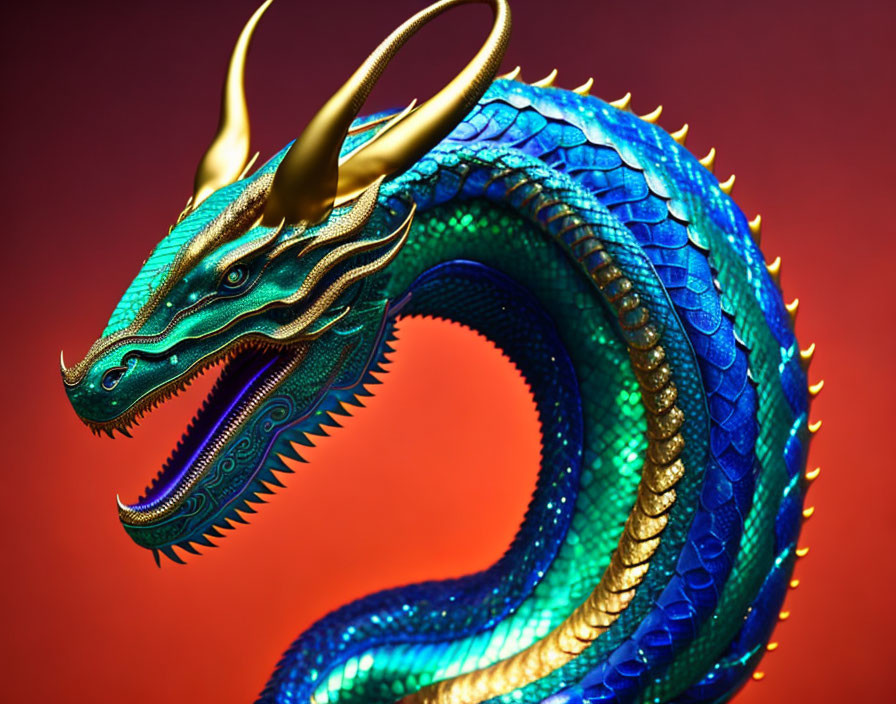 Blue-Green Dragon Sculpture with Gold Detailing on Red Background