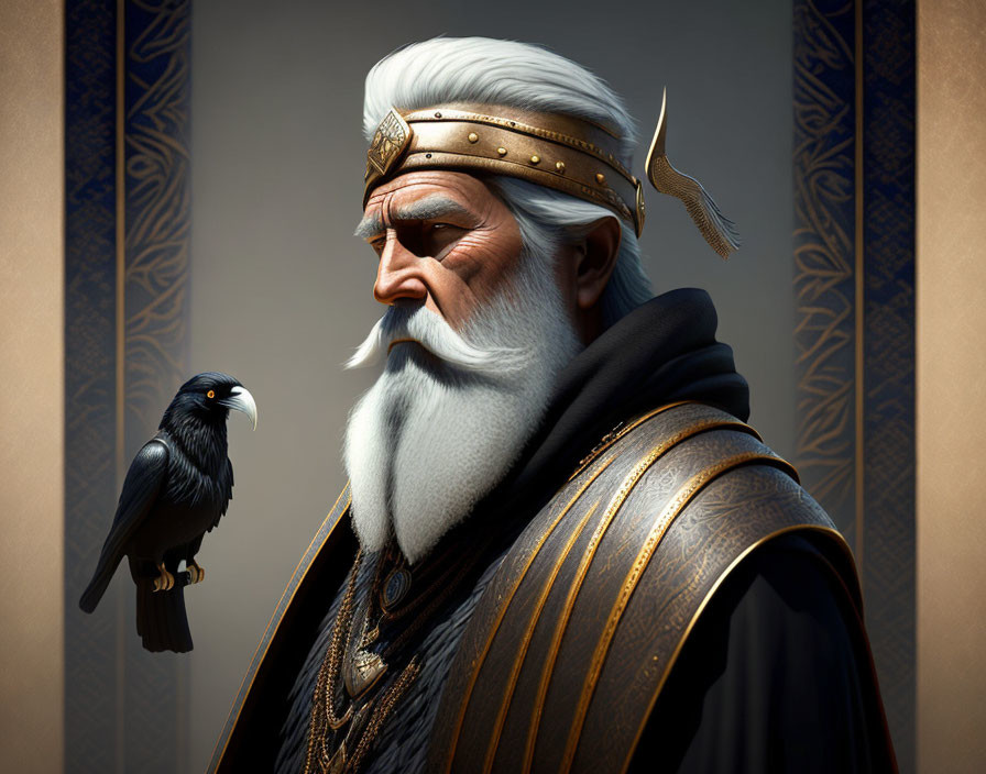 Elderly man with white beard, crown, cloak, and raven