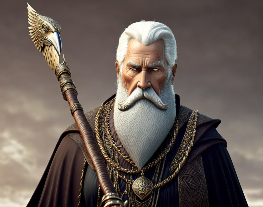 Elderly animated character with white beard and bird-headed staff against cloudy sky