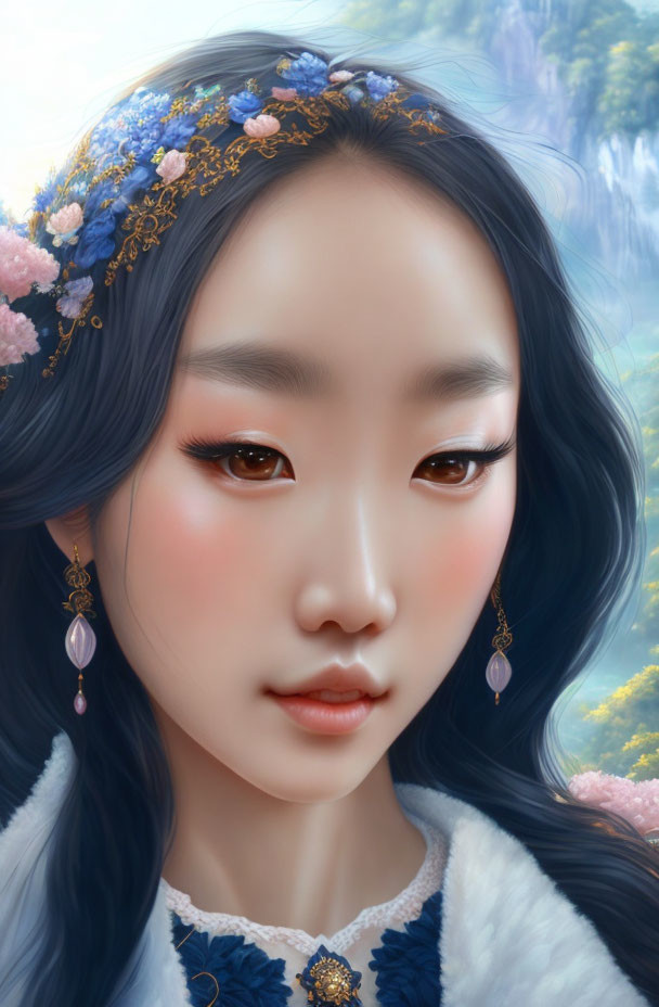 Young woman's digital portrait with floral headpiece and delicate earrings