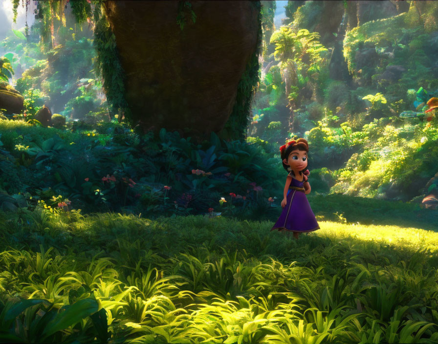 Young girl in purple dress in lush forest with beams of light