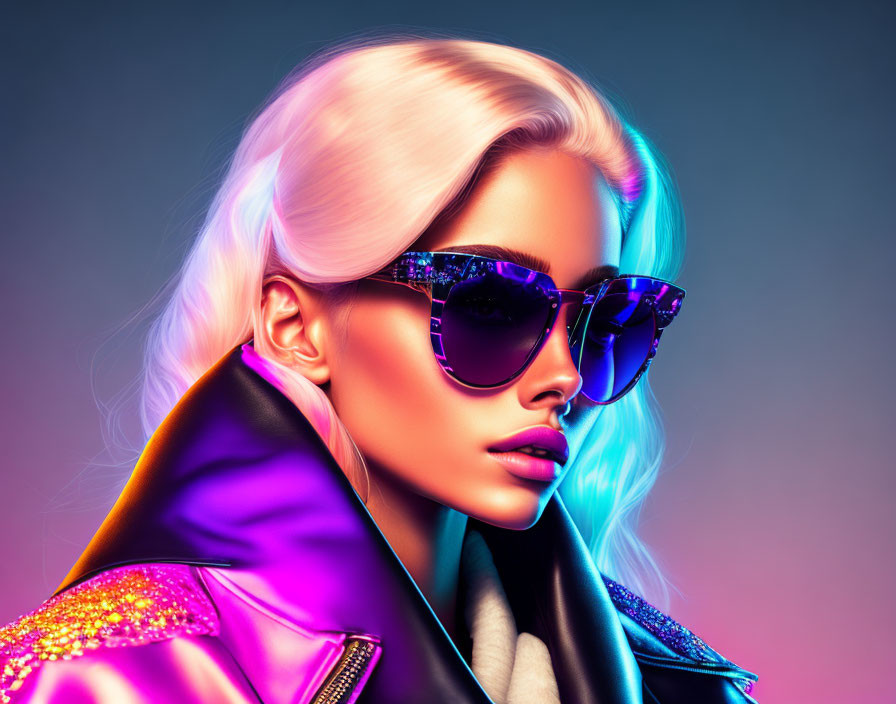 Neon-lit hair woman portrait in sunglasses & embellished jacket