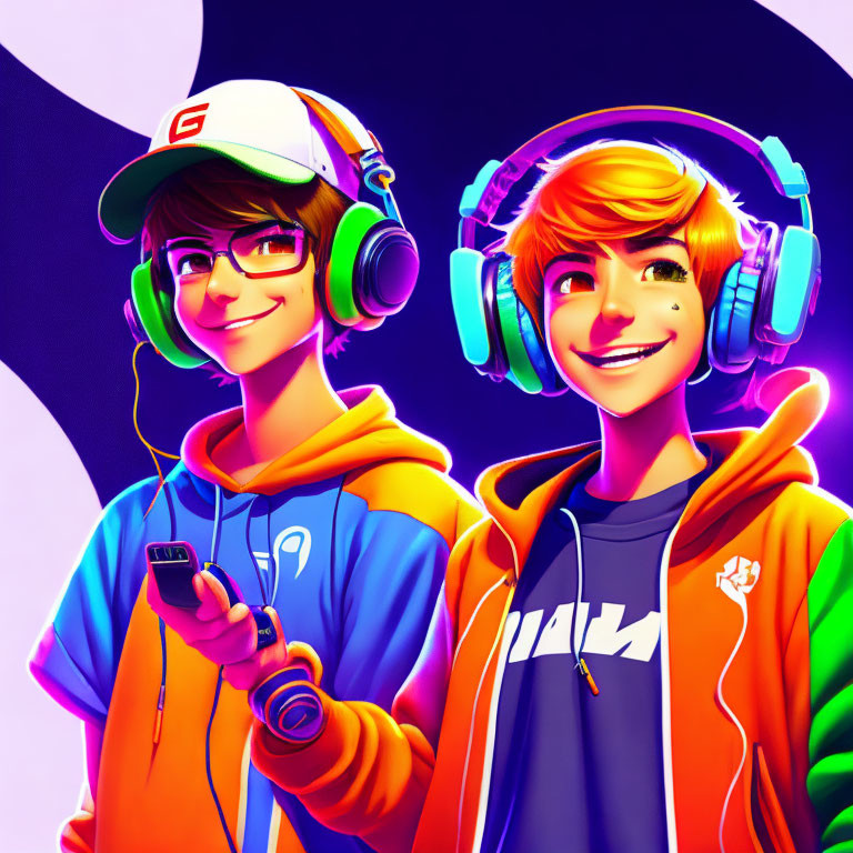 Animated characters in hoodies and headphones with smartphone on purple background