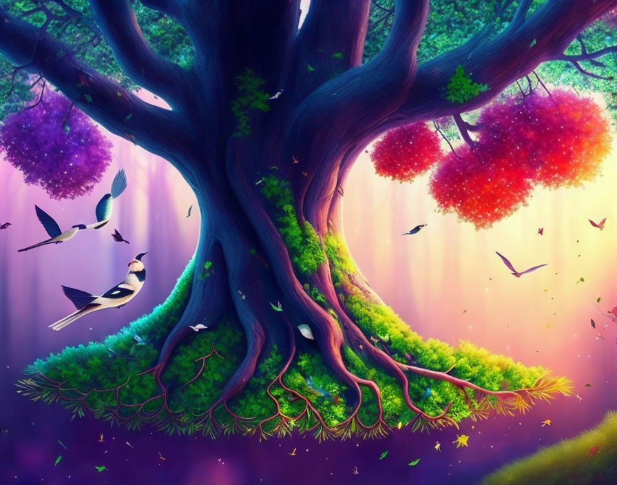 Colorful fantasy illustration of a large tree in mystical forest