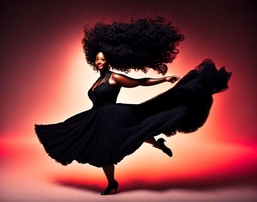 Woman in Black Dress Spinning Against Red Backdrop