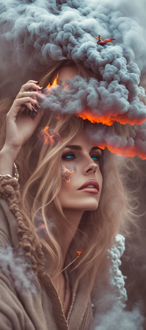 Woman with dramatic storm cloud hat and lightning and fire elements gazes pensively into swirling smoke.