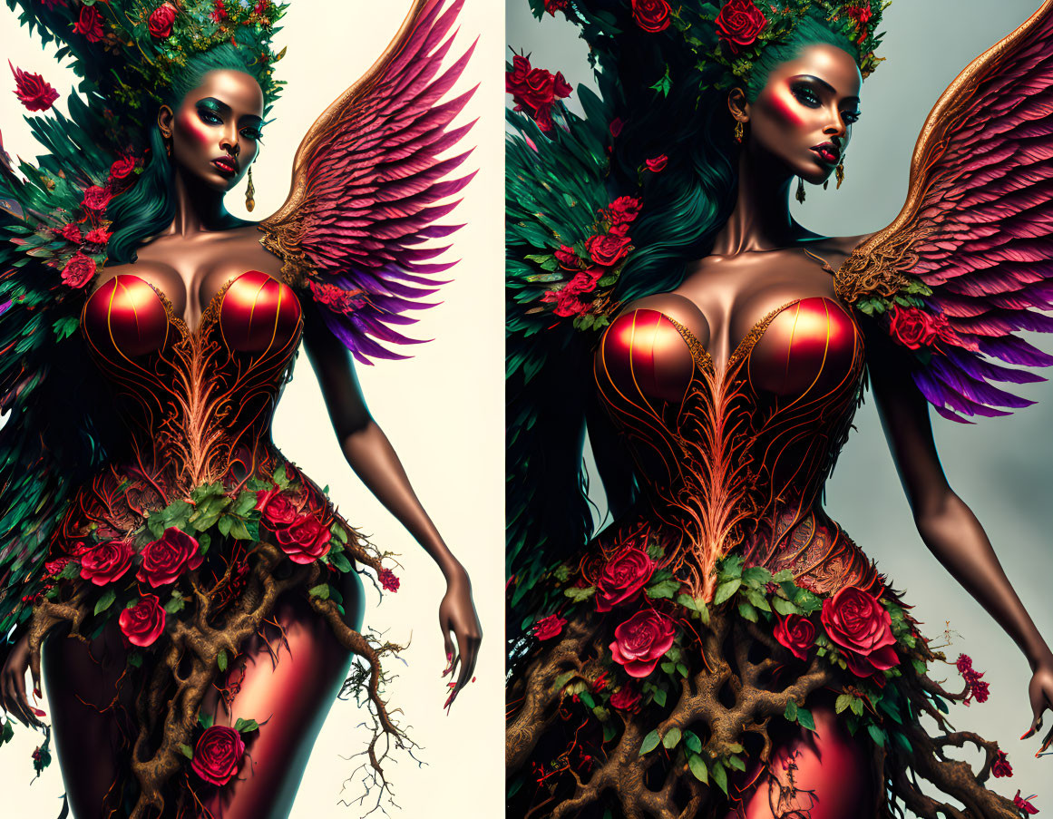 Digital art: Woman with metallic skin, vibrant wings, rose and branch dress on subdued background