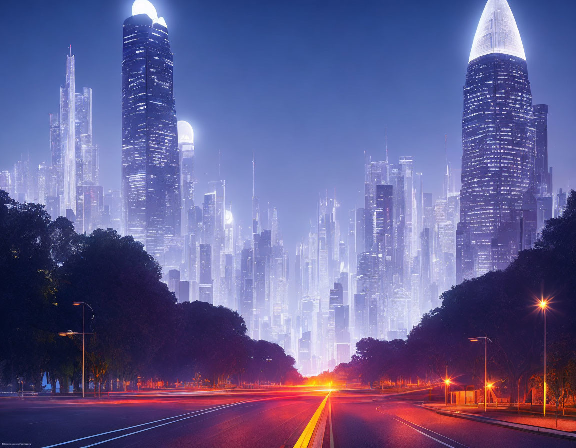 Futuristic twilight cityscape with illuminated skyscrapers