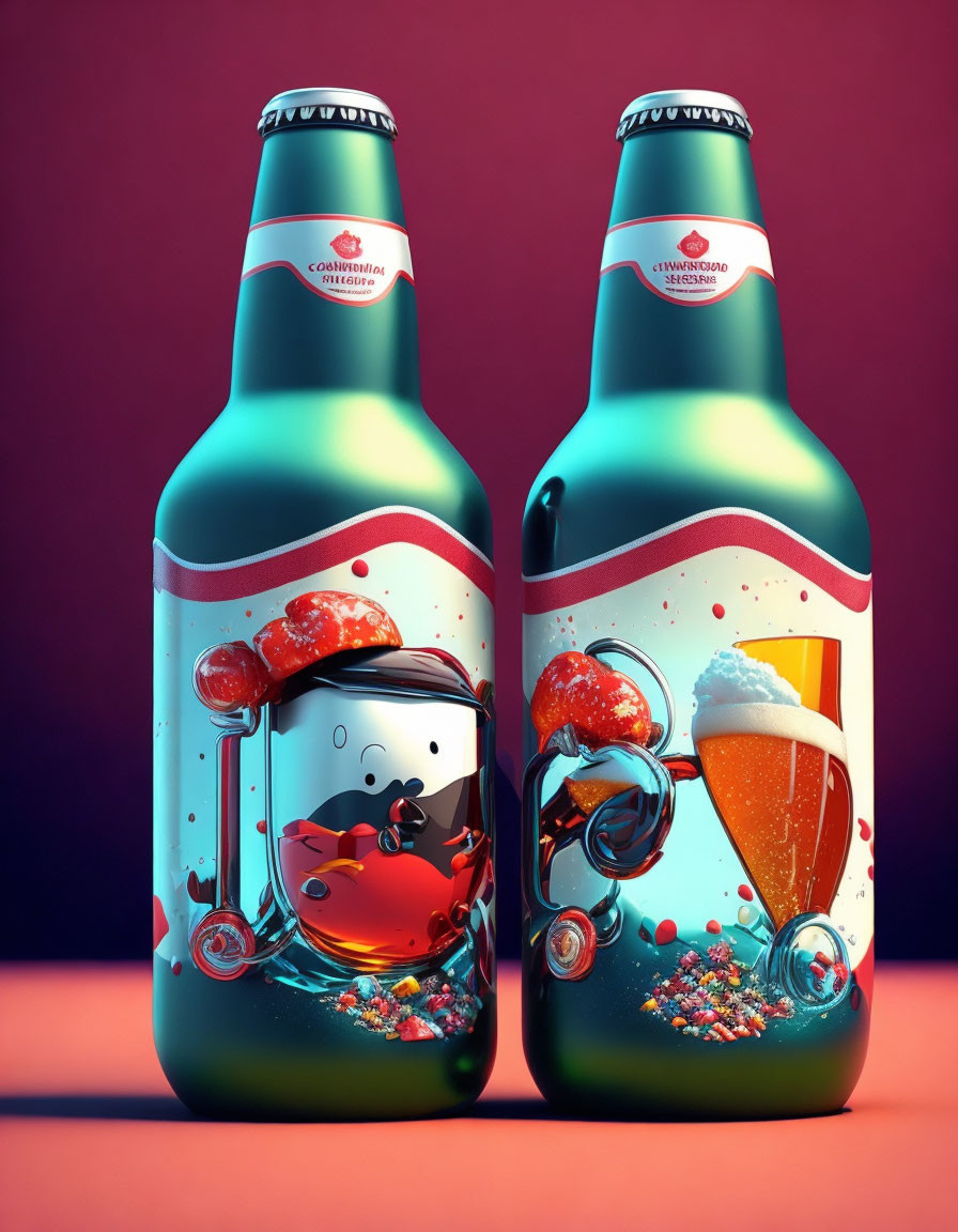 Colorful Illustrated Beer Bottles with Underwater Scenes on Pink Background