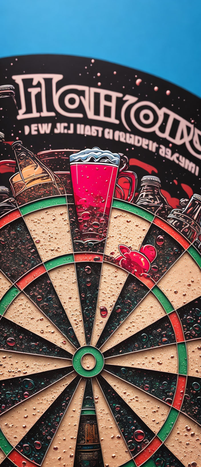 Dartboard with beer glass in bullseye on blue background.