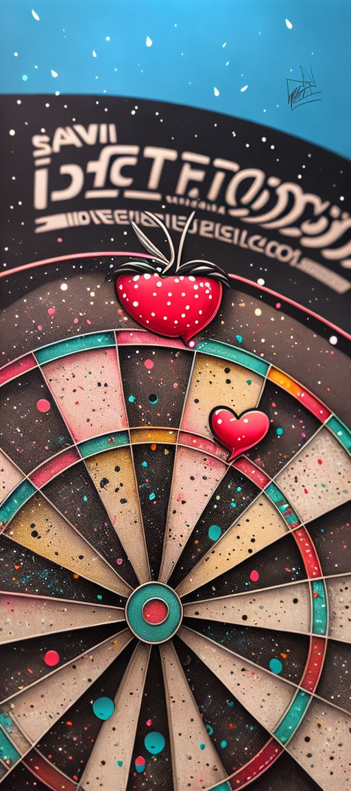 Colorful Pop-Art Dartboard with Strawberry and Heart-Shaped Dart