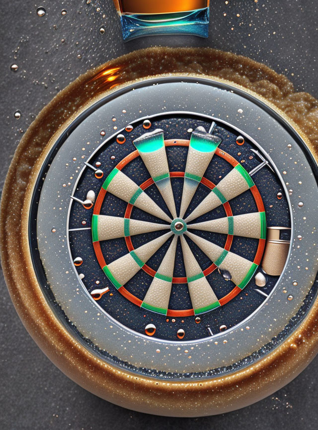 Dartboard with orange and green segments on water droplets background