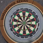 Dartboard with orange and green segments on water droplets background