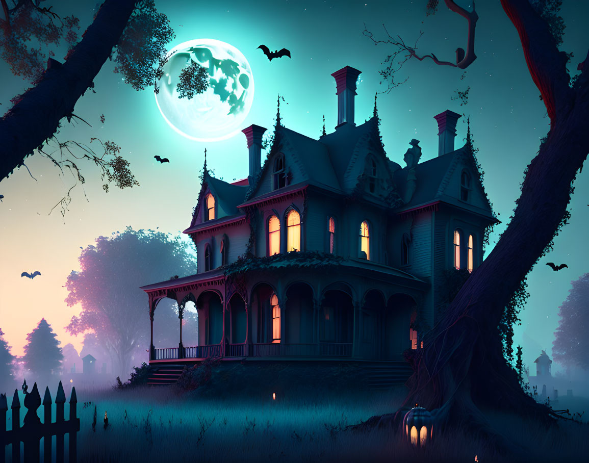 Victorian house night scene with full moon, bats, pumpkin, and silhouetted trees.