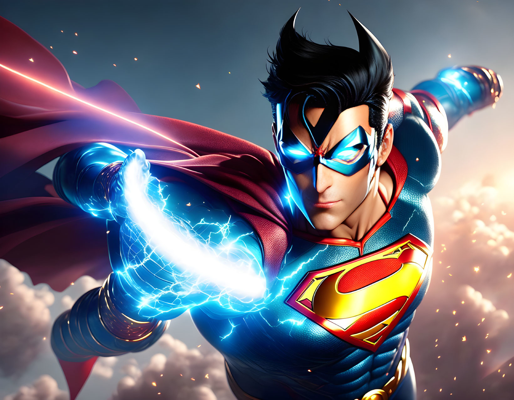 Caped superhero with 'S' logo shooting blue energy in dynamic sky