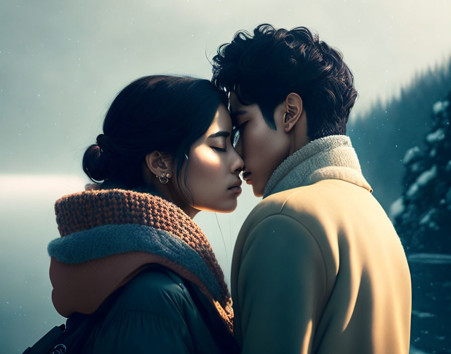 Couple in winter clothes touching foreheads in snowy scene