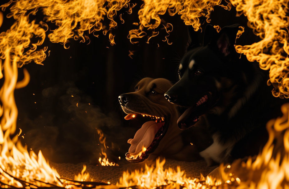 Two dogs amid flames, showing mixed emotions.