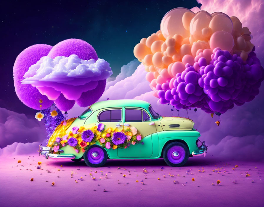 Vintage Car with Flower-Filled Trunk under Purple Sky