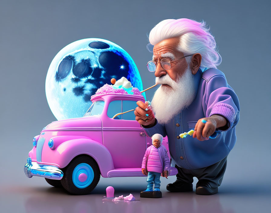 Elderly man cleaning pink car with miniature self, large moon backdrop