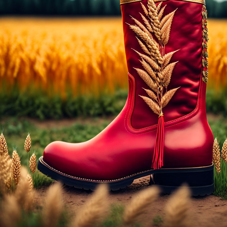 Red Boot with Tassel Detail Amid Wheat Sheaves