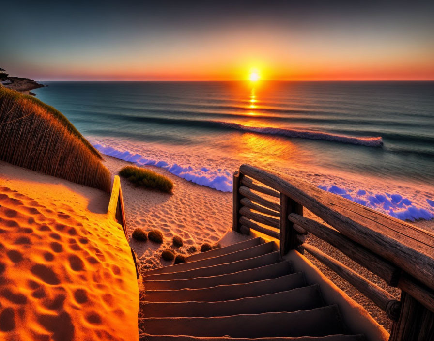 Sunrise beach scene: Wooden stairs, golden sunlight, serene waves