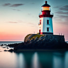 Red and White Lighthouse on Rocky Terrain at Sunset