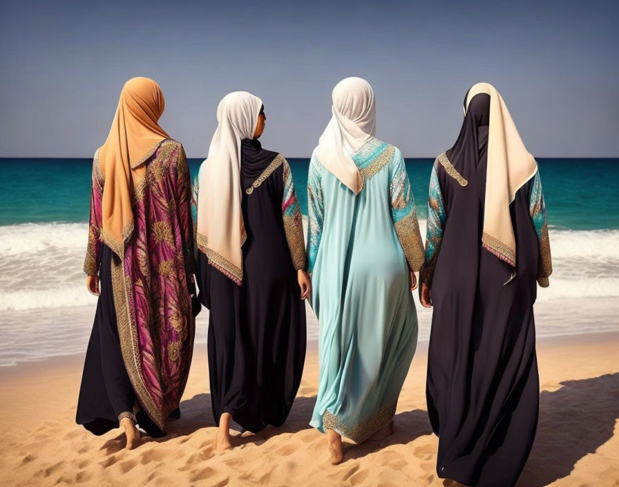 Four women in hijabs on sandy beach staring at sea