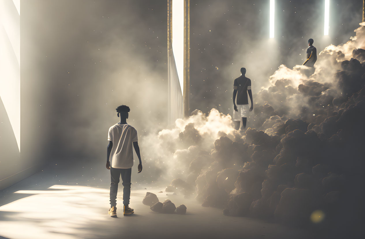 Three figures in mystical room with light beams