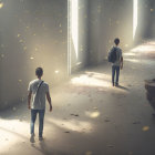 Three figures in mystical room with light beams