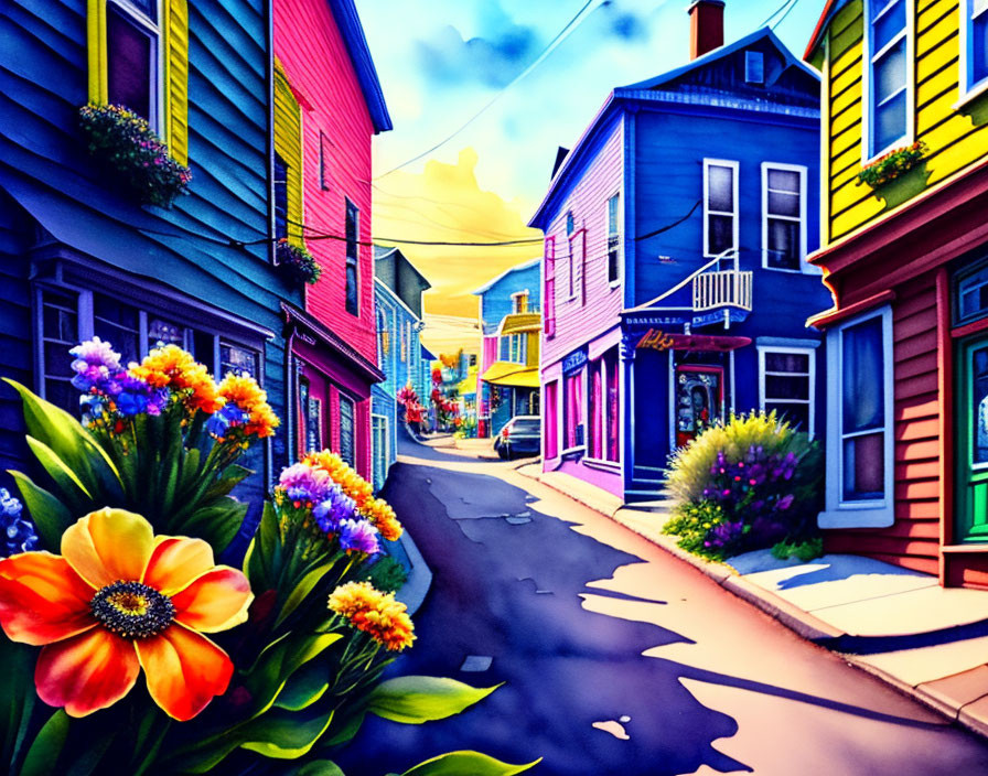 Colorful Street Scene with Vibrant Buildings and Floral Accents