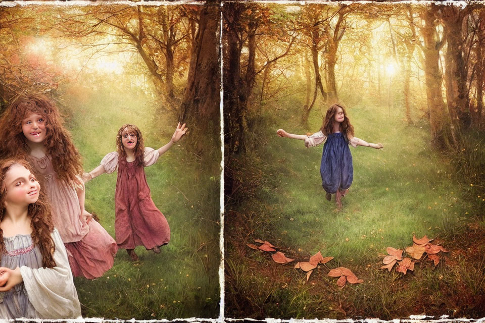 Three girls playing in a mystical forest under warm sunlight