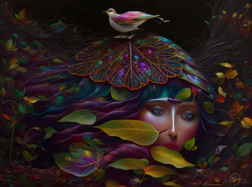 Surreal art: Woman's face with leaf-like hair and butterfly wing cap, bird perched