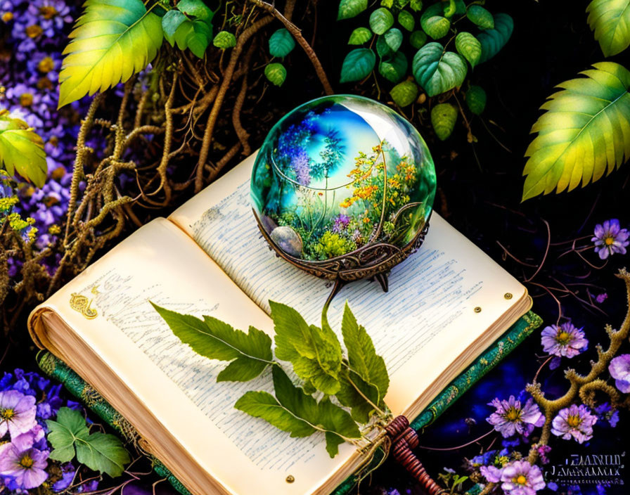 Crystal ball on open book with lush greenery and purple flowers reflected.