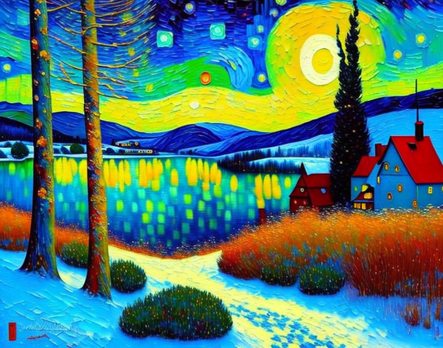 Nighttime landscape painting with swirling sky, moon, stars, path, red-roofed houses,