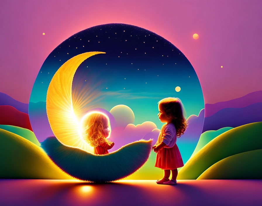 Children under crescent moon in colorful fantasy landscape