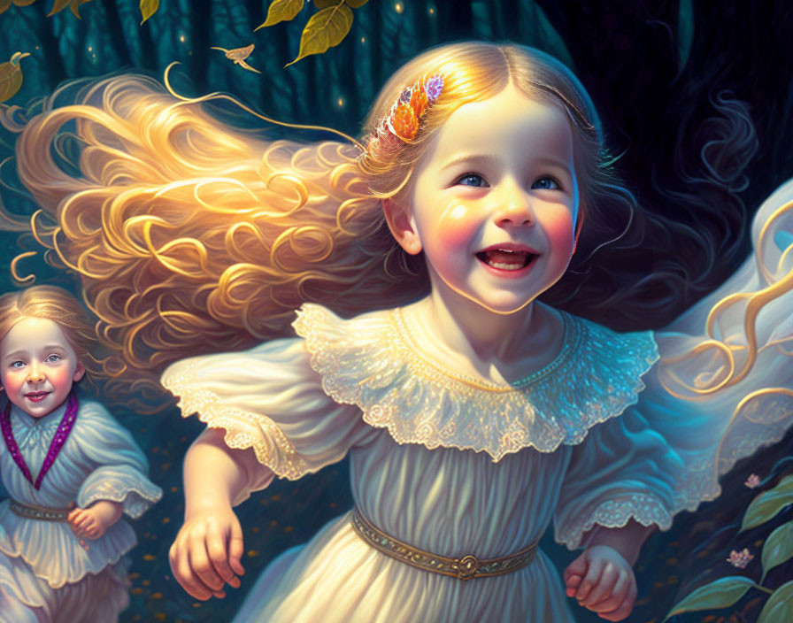 Young girl with golden hair in vintage white dress runs in mystical forest