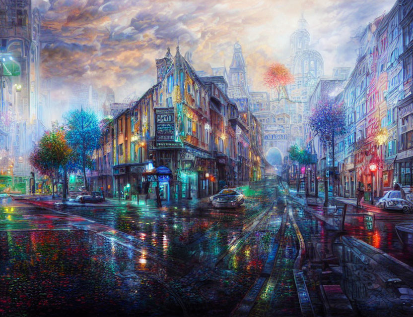 Colorful Rainy Street Scene with Historical and Futuristic Elements