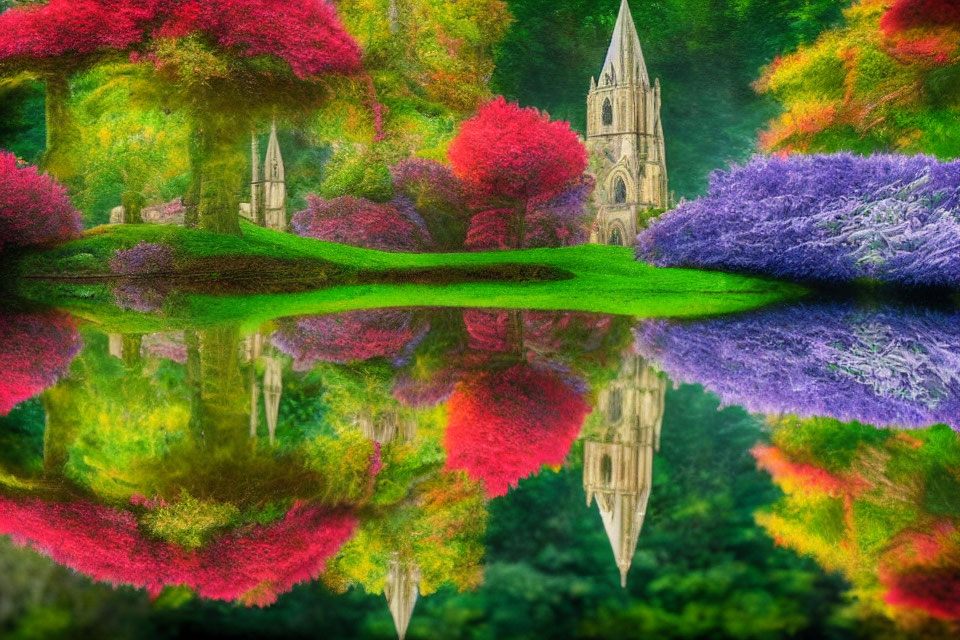 Surreal landscape with reflective water and cathedral in lush foliage