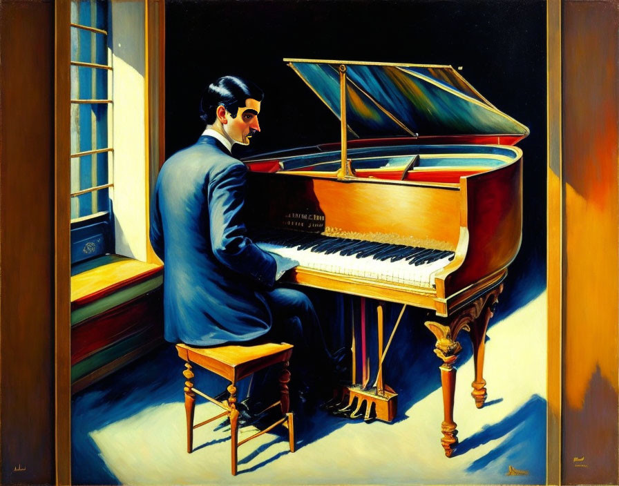 Man in suit playing grand piano by window with warm colors