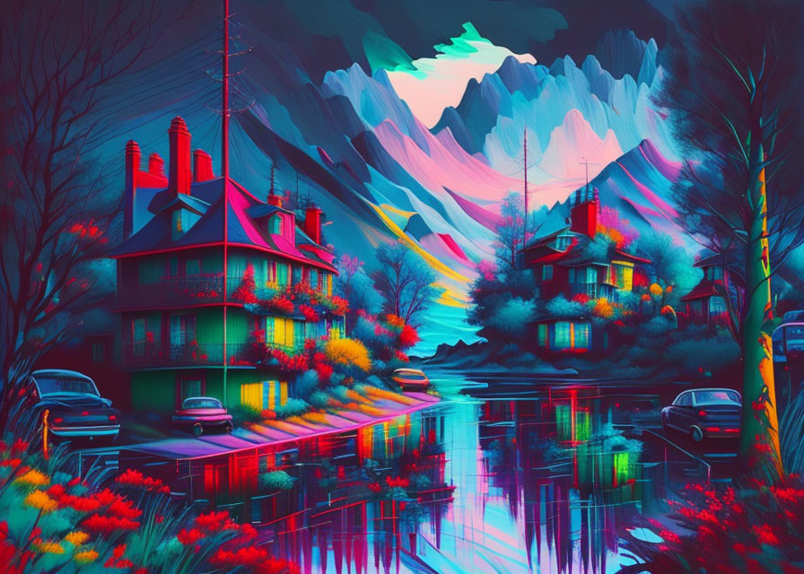 Digital artwork of neon-lit houses by a reflective river at twilight