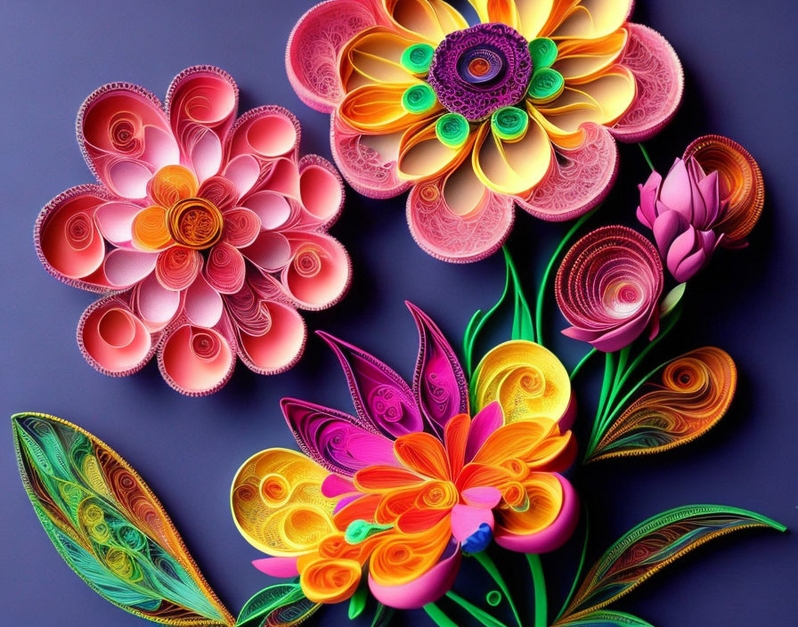 Colorful Quilled Paper Flowers on Purple Background