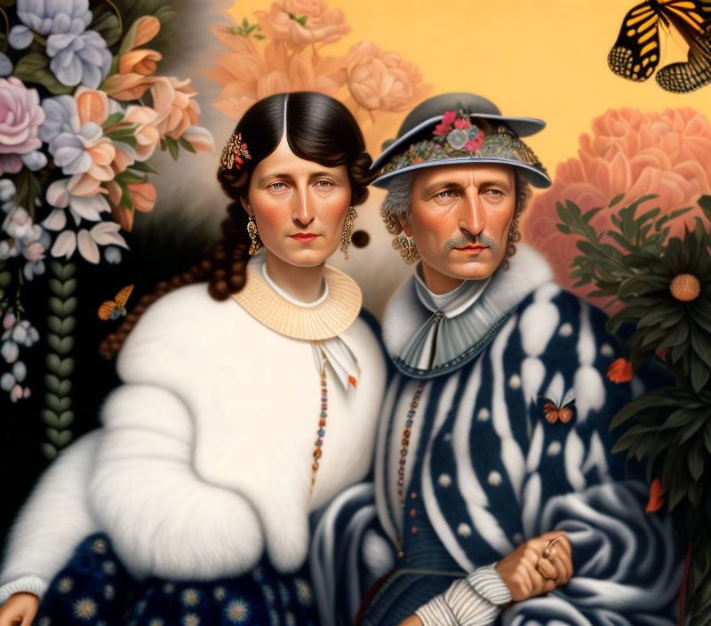 Stylized portrait of couple in retro attire with floral backdrop