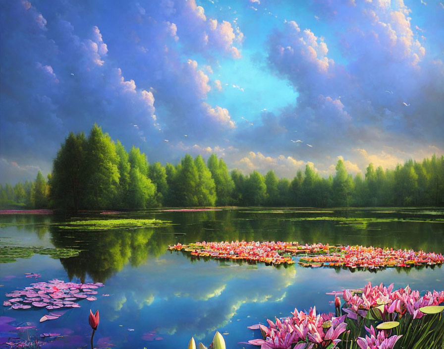 Tranquil landscape with lake, water lilies, green trees, and serene sky