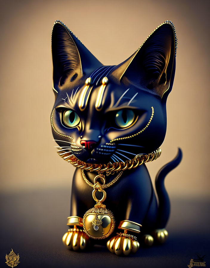 Stylized digital illustration of sleek black cat with blue eyes and gold accessories