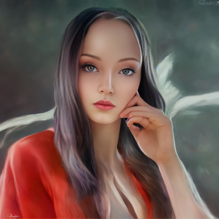 Digital painting of woman with large expressive eyes and grey hair in red garment