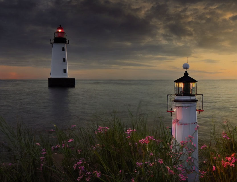 Two lighthouses at dusk with vibrant flowers and calm sea