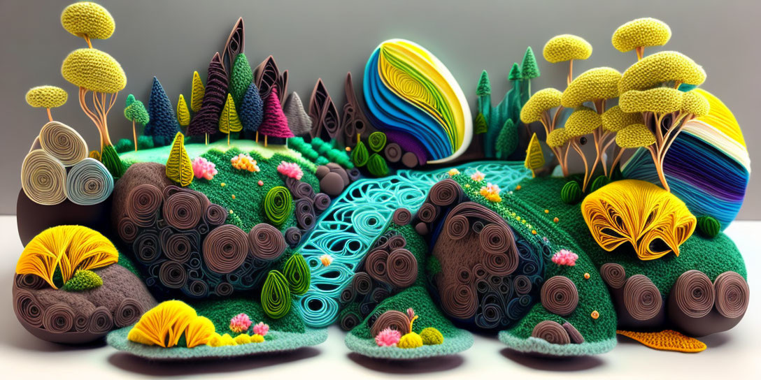 Colorful Paper Art: Whimsical Landscape with Textured Rolls & Shapes