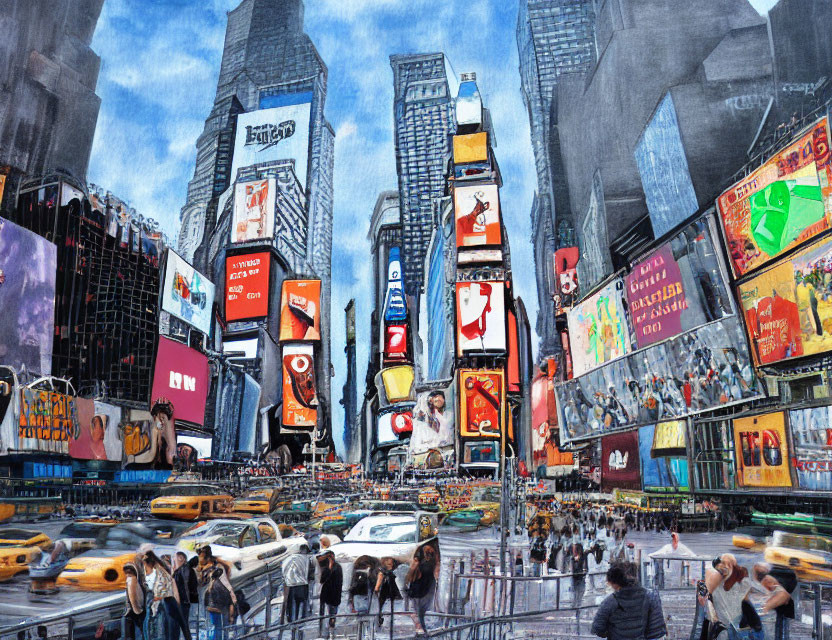 Colorful Times Square Scene with Pedestrians, Taxis, and Billboards